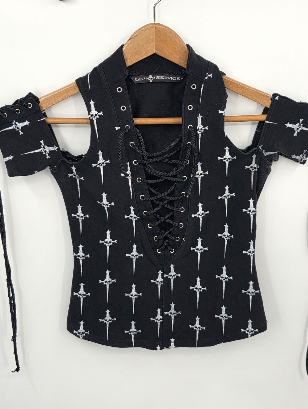 Lip Service Vintage RARE 90's Black Skull Shoulder Cut Out Top Petite
